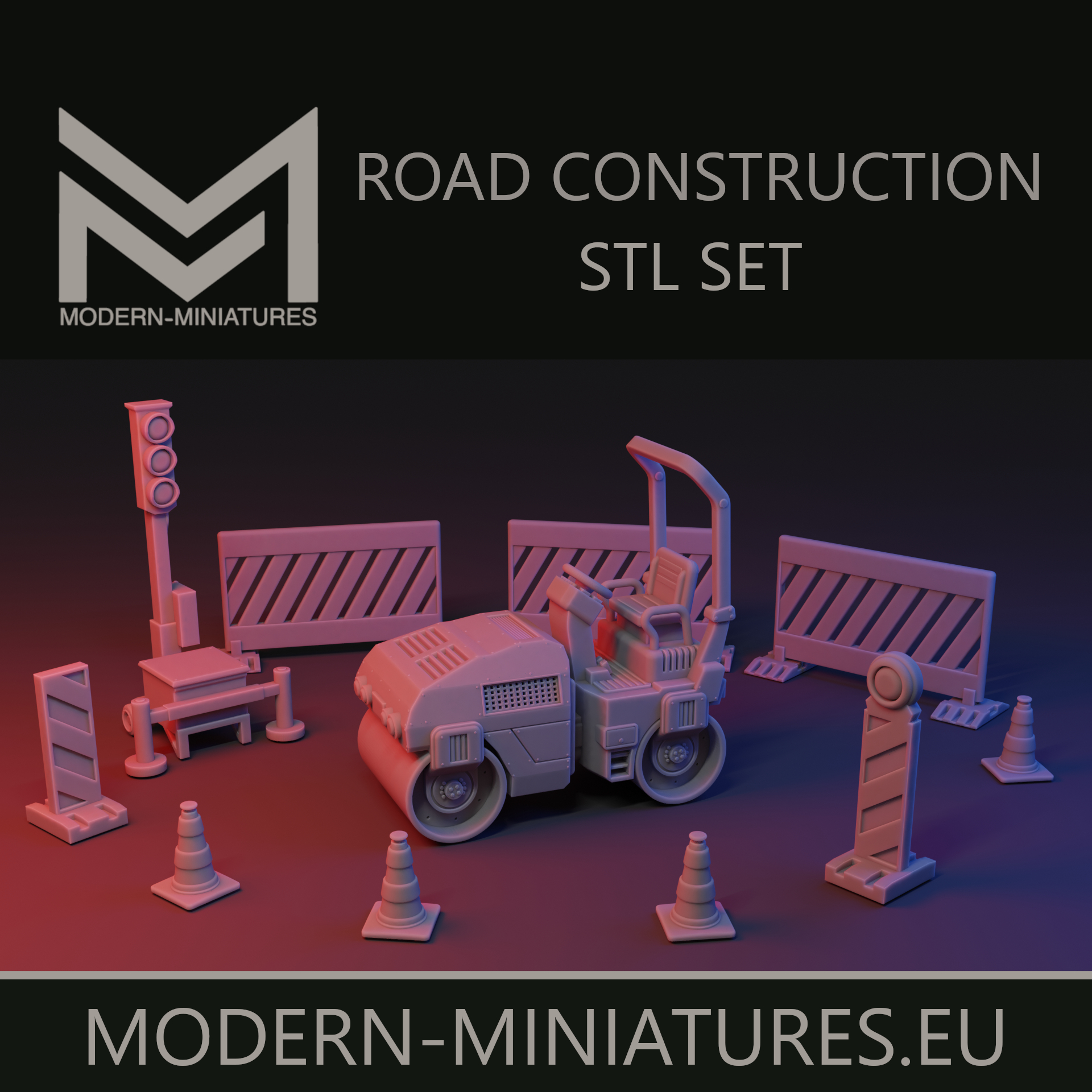 Road construction site Asphalt roller, traffic light, fence
